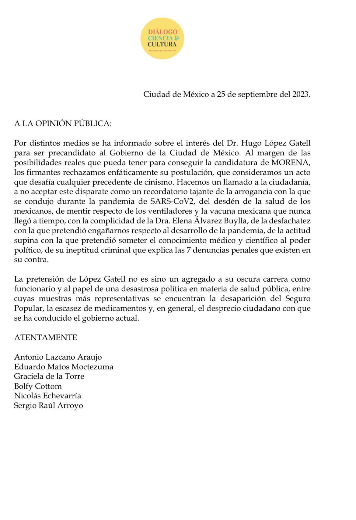 Académicos publican carta contra las aspiraciones de Hugo López-Gatell por la Jefatura de Gobierno de Ciudad de México (@MarcelaSaebL)