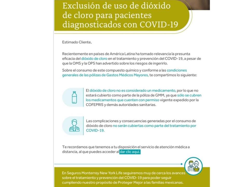 Aseguradoras no cubrirán complicaciones por dióxido de cloro en pacientes con Covid-19 Aseguradoras no cubrirán complicaciones por dióxido de cloro en pacientes con Covid-19